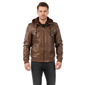 Men’s Hooded Faux Leather Motorcycle Jacket