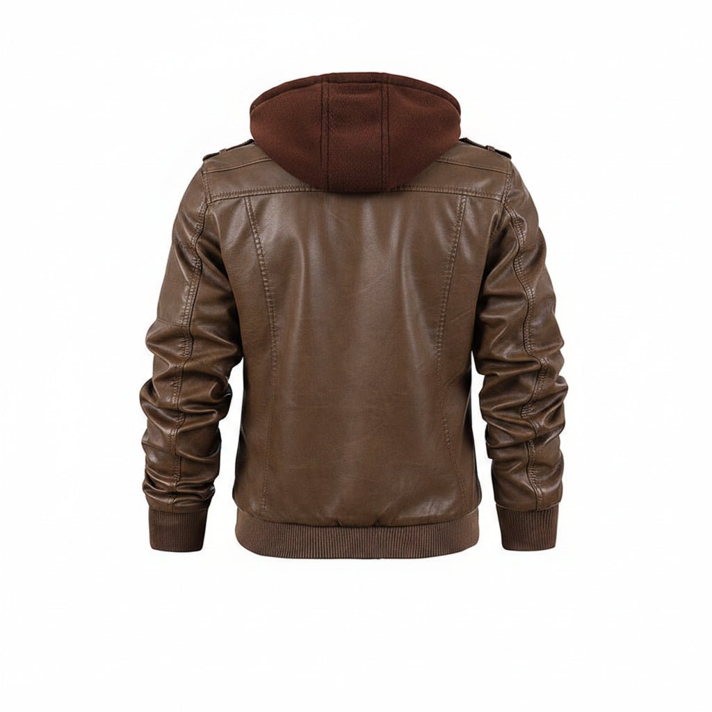 Men’s Hooded Faux Leather Motorcycle Jacket - Image 2