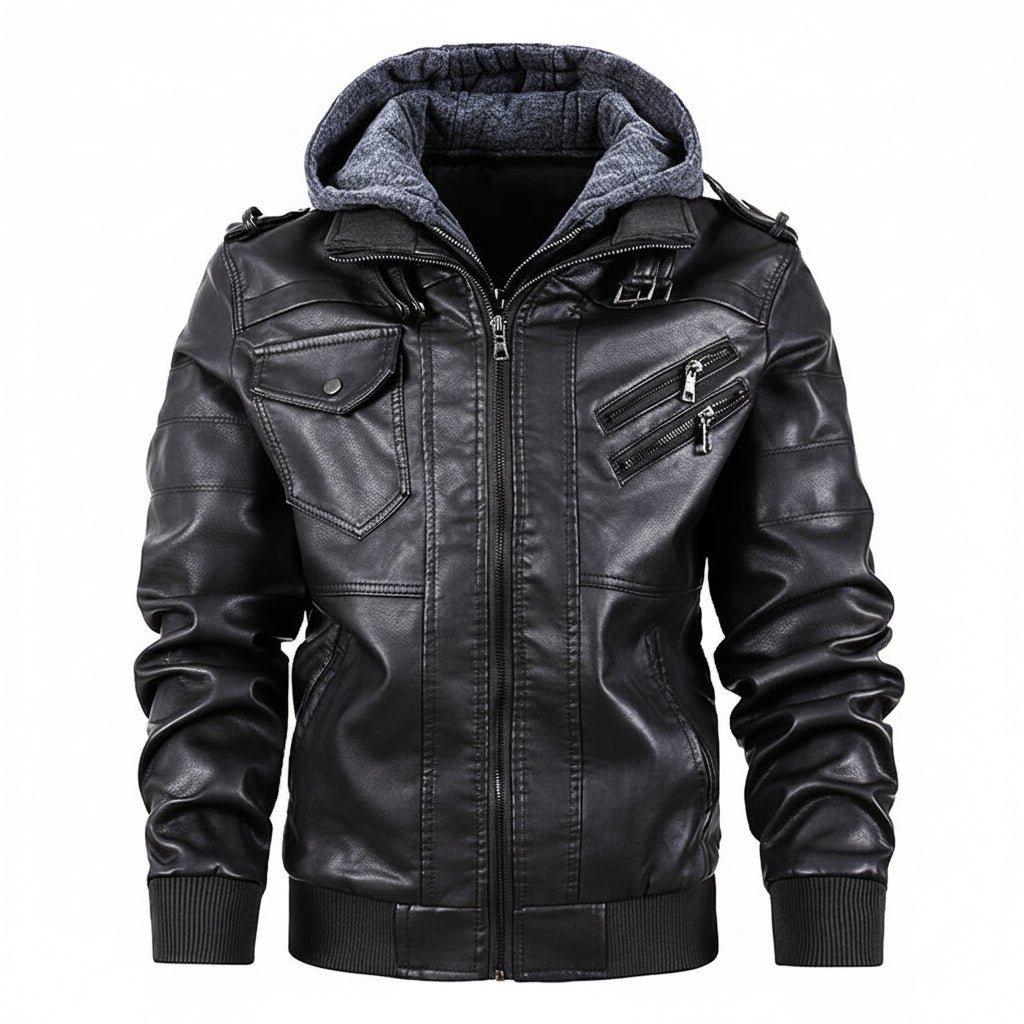 Men’s Hooded Faux Leather Motorcycle Jacket - Image 3